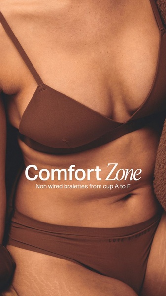 A high-conversion 9:16 vertical ad creative featuring a minimalist close-up of a bralette to emphasize comfort and inclusive sizing.